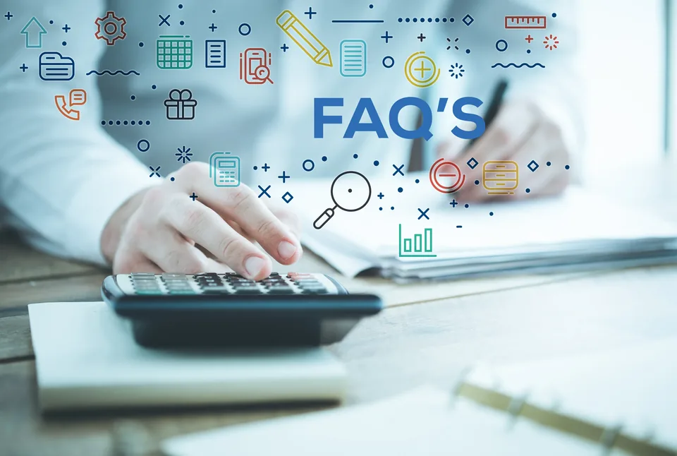 A desk with hands at work and illustrated icons around the words FAQ'S.